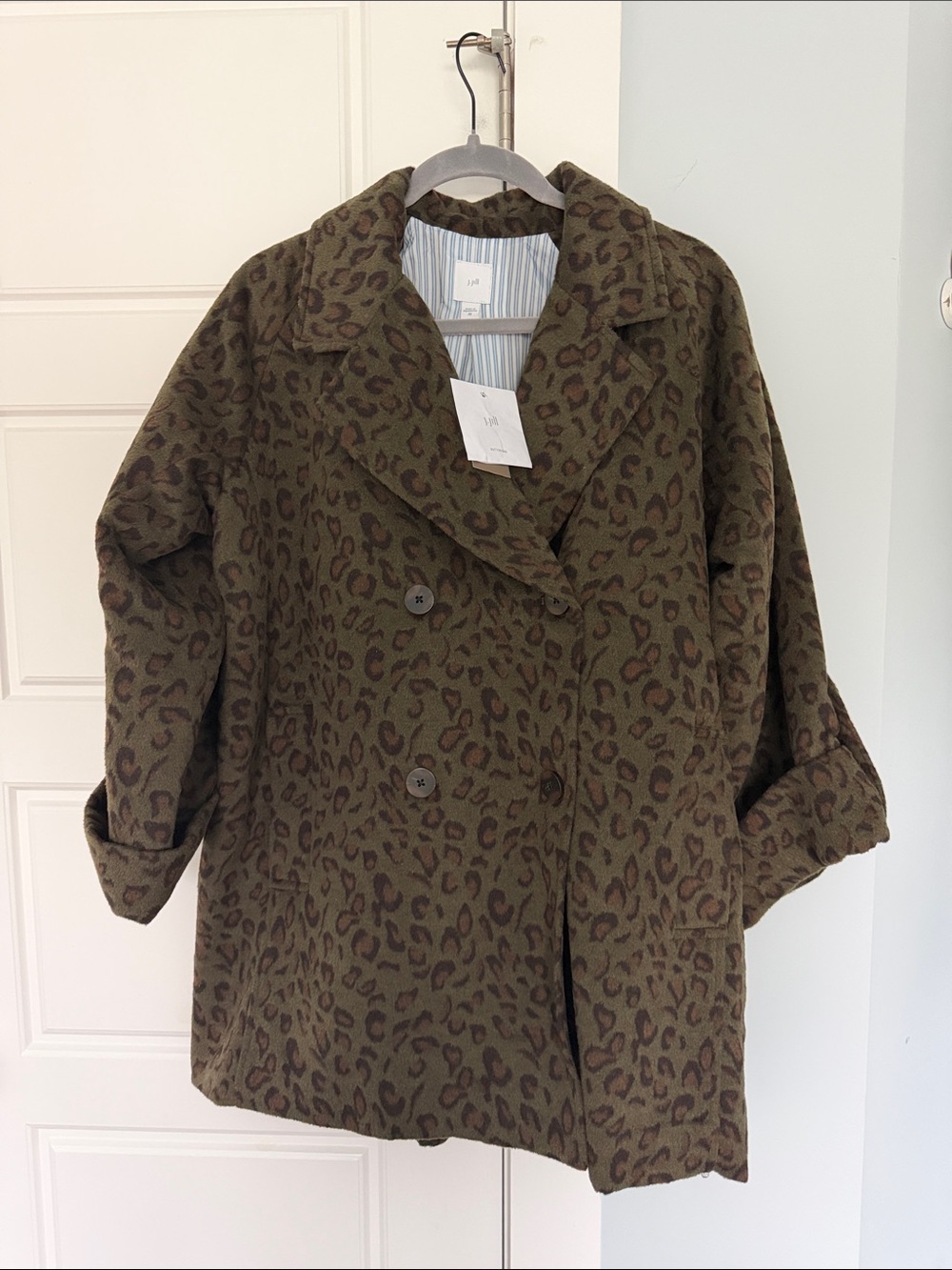 NWT J.Jill Olive and Brown Leopard Print Double-Breasted Pea Coat - Sz XS